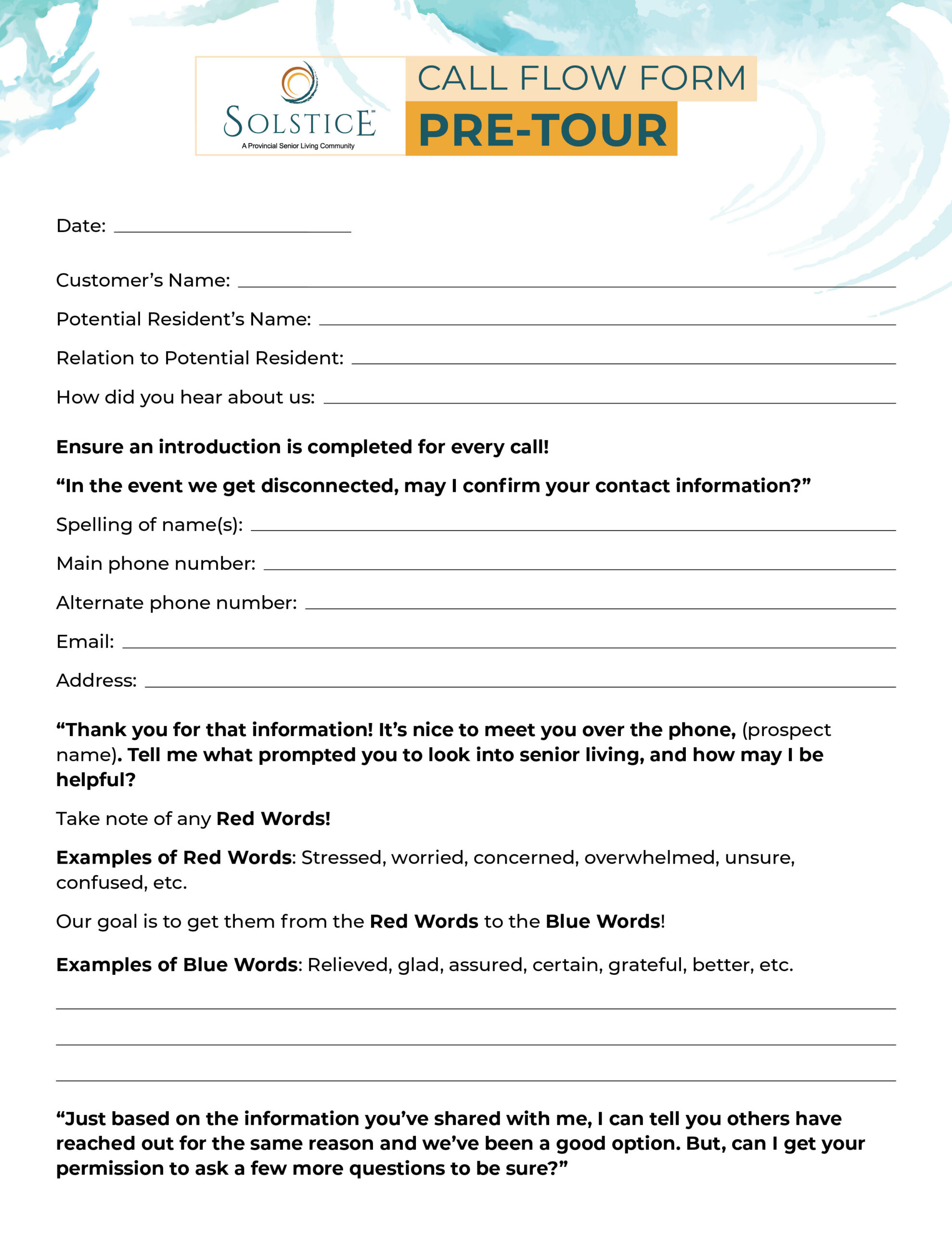 Pre-Tour Call Flow Form