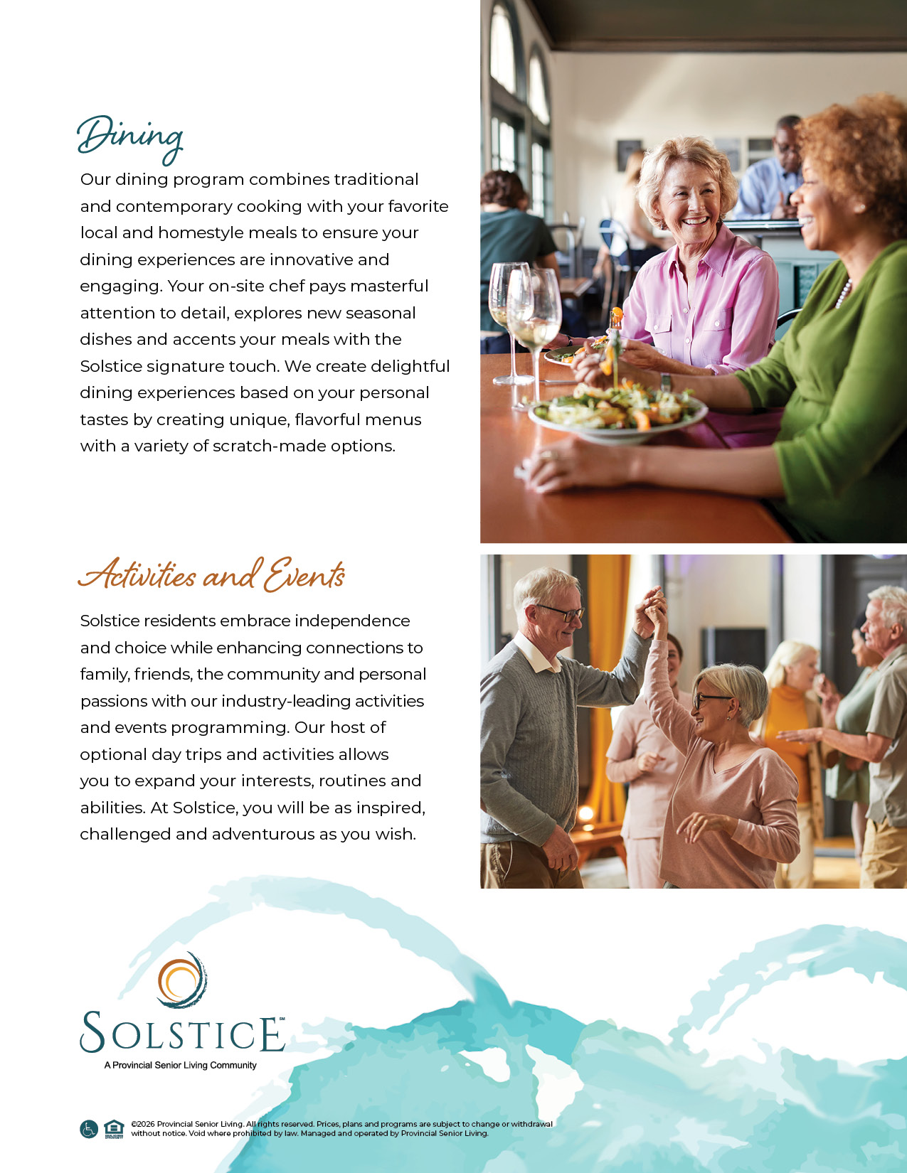 Dining, Activities, Wellness flyer front